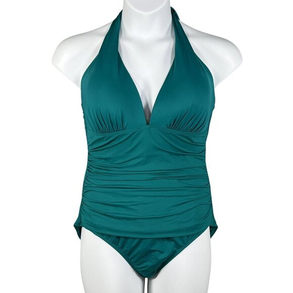 Lauren Ralph Lauren NWT Womens 16 Teal One Piece Halter Swimsuit Slimming Fit - Picture 1 of 14